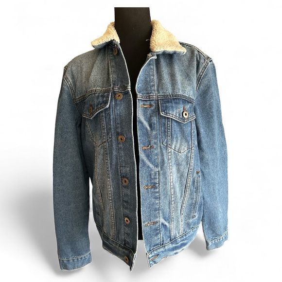 TRIOT LOS ANGELES Blue Denim Trucker Jacket w/ Cream Shearling Collar & Lining - Picture 5 of 8